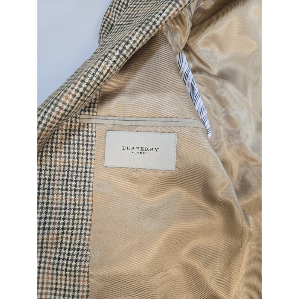 Burberry Men's Silk Wool 3 Btn Blazer Gold Brn Plaid Size 42 Lng Hole In Lining - Picture 7 of 16